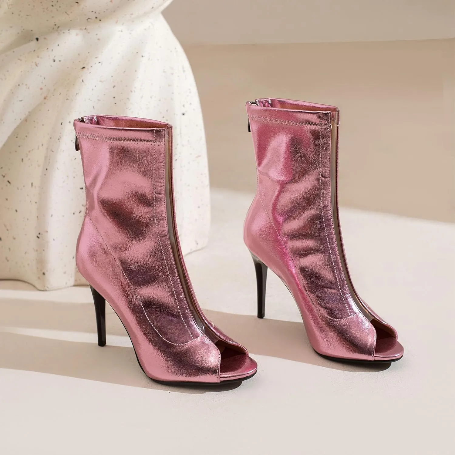 SEIFIN Women's Peep Toe Metallic Ankle Boots High Heels Sandals Open-Toe Stiletto Heeled Booties