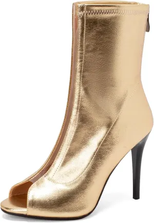 SEIFIN Women's Peep Toe Metallic Ankle Boots High Heels Sandals Open-Toe Stiletto Heeled Booties