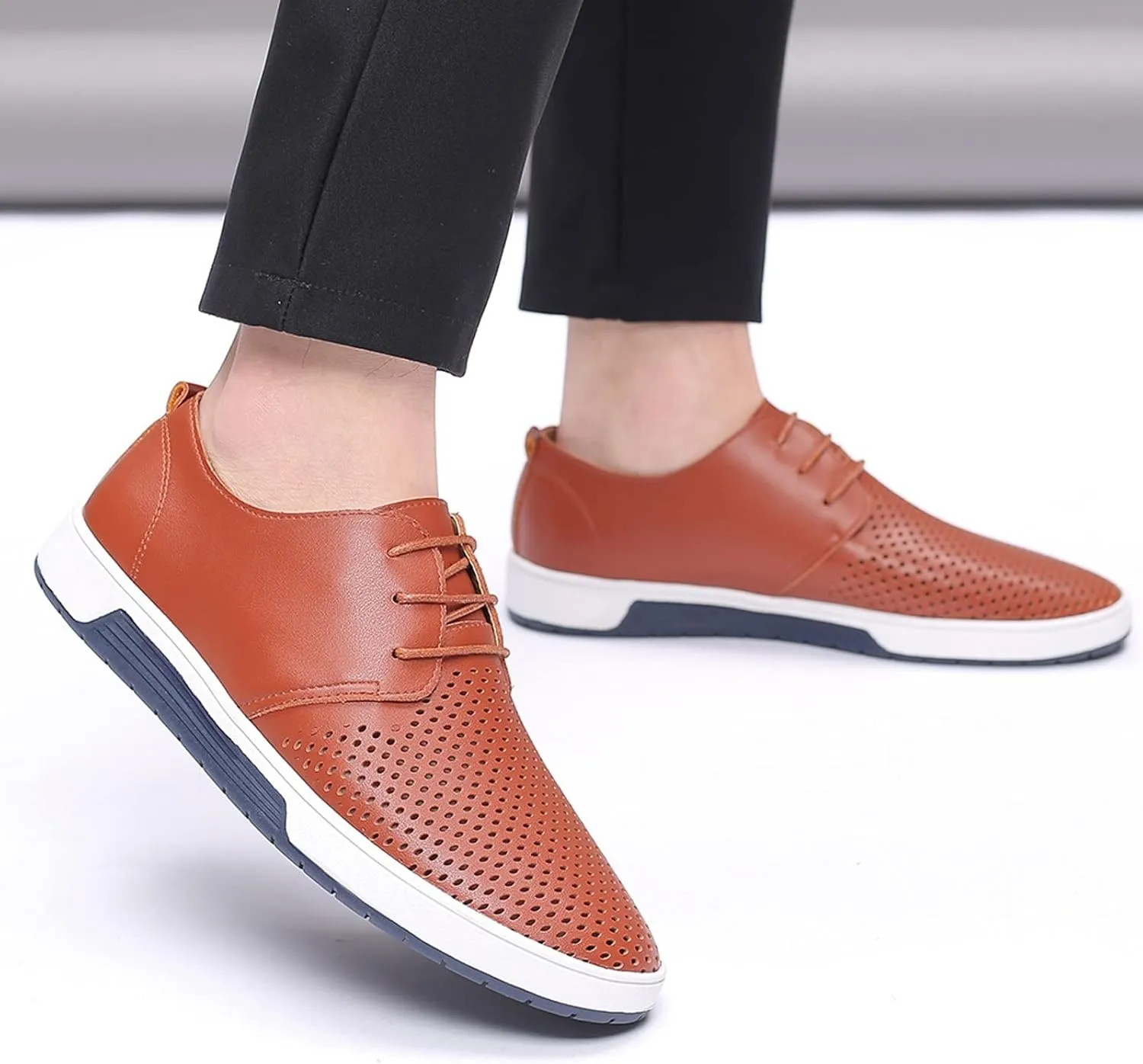 Shoes for Men Leather Formal Summer Style Men's Breathable Comfortable Business Lace Up Leisure Hollow Solid Leather Shoes Men's Mesh Sneakers Oxfords Lace-Up Lightweight