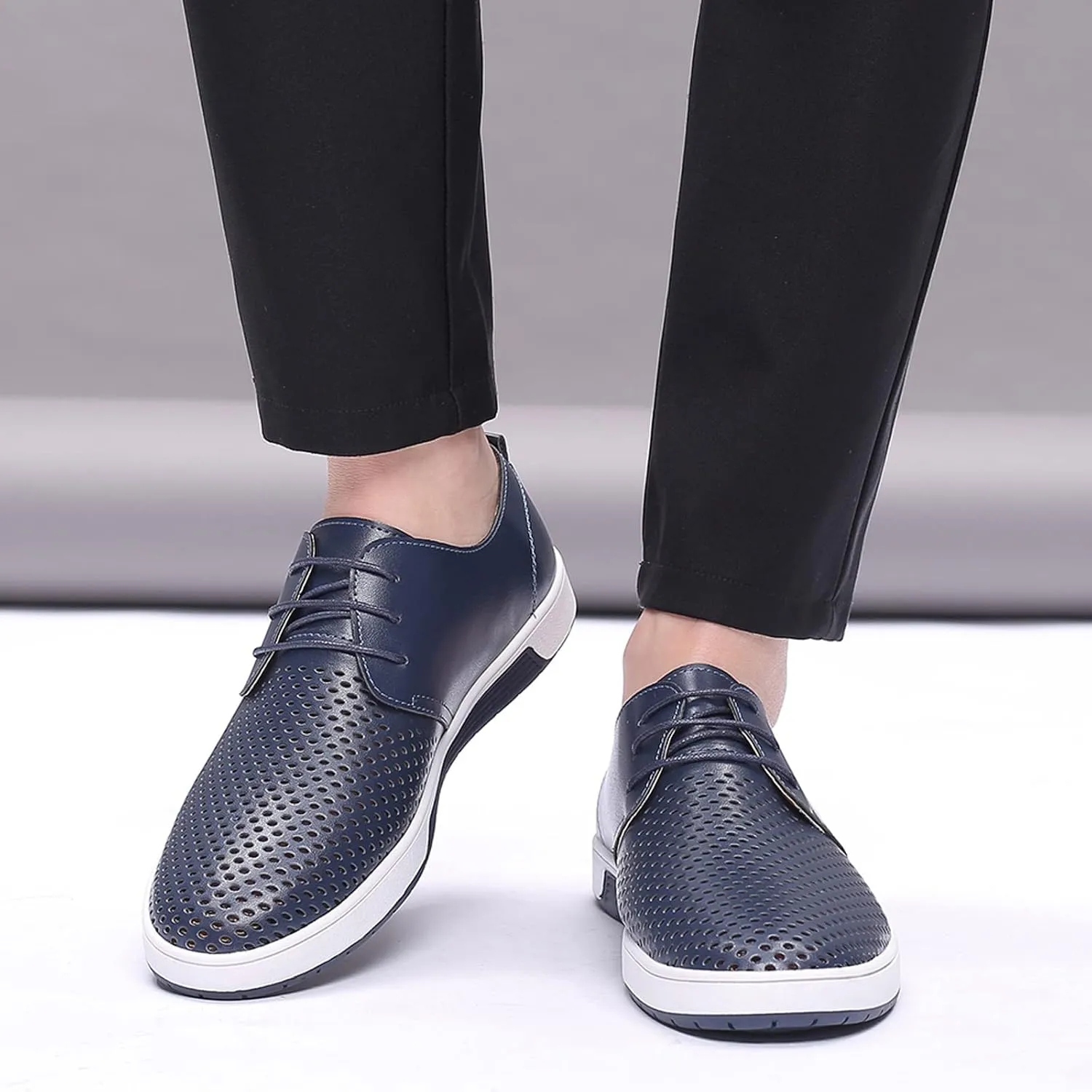 Shoes for Men Leather Formal Summer Style Men's Breathable Comfortable Business Lace Up Leisure Hollow Solid Leather Shoes Men's Mesh Sneakers Oxfords Lace-Up Lightweight