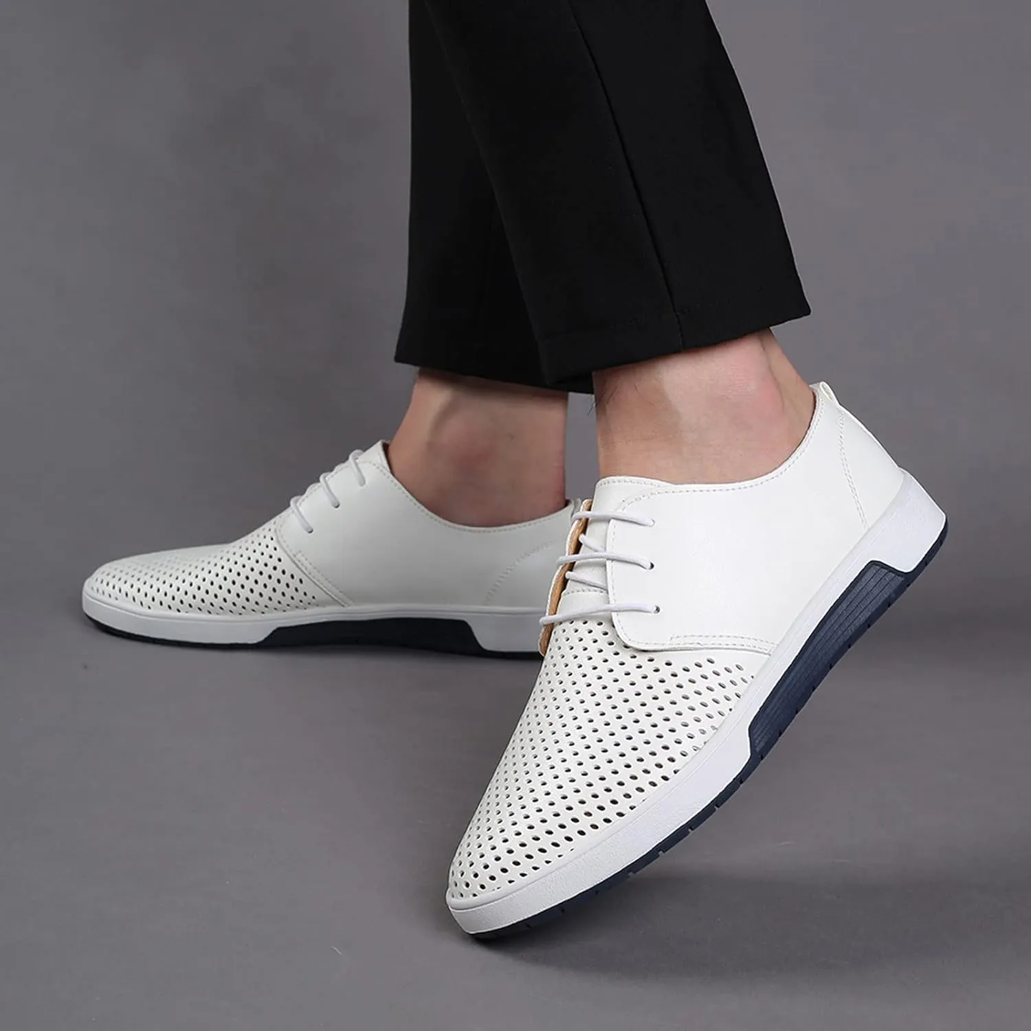 Shoes for Men Leather Formal Summer Style Men's Breathable Comfortable Business Lace Up Leisure Hollow Solid Leather Shoes Men's Mesh Sneakers Oxfords Lace-Up Lightweight