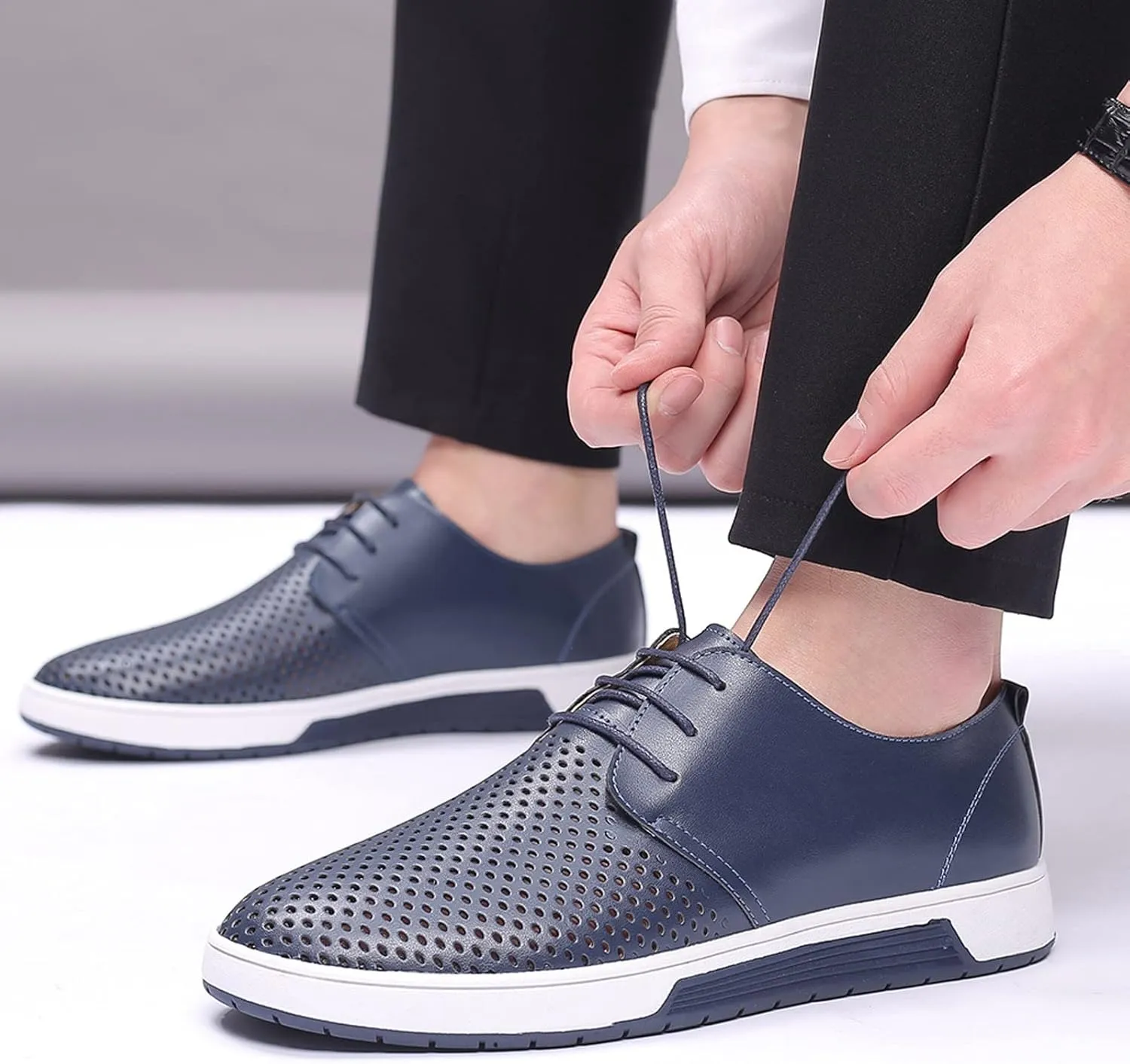 Shoes for Men Leather Formal Summer Style Men's Breathable Comfortable Business Lace Up Leisure Hollow Solid Leather Shoes Men's Mesh Sneakers Oxfords Lace-Up Lightweight