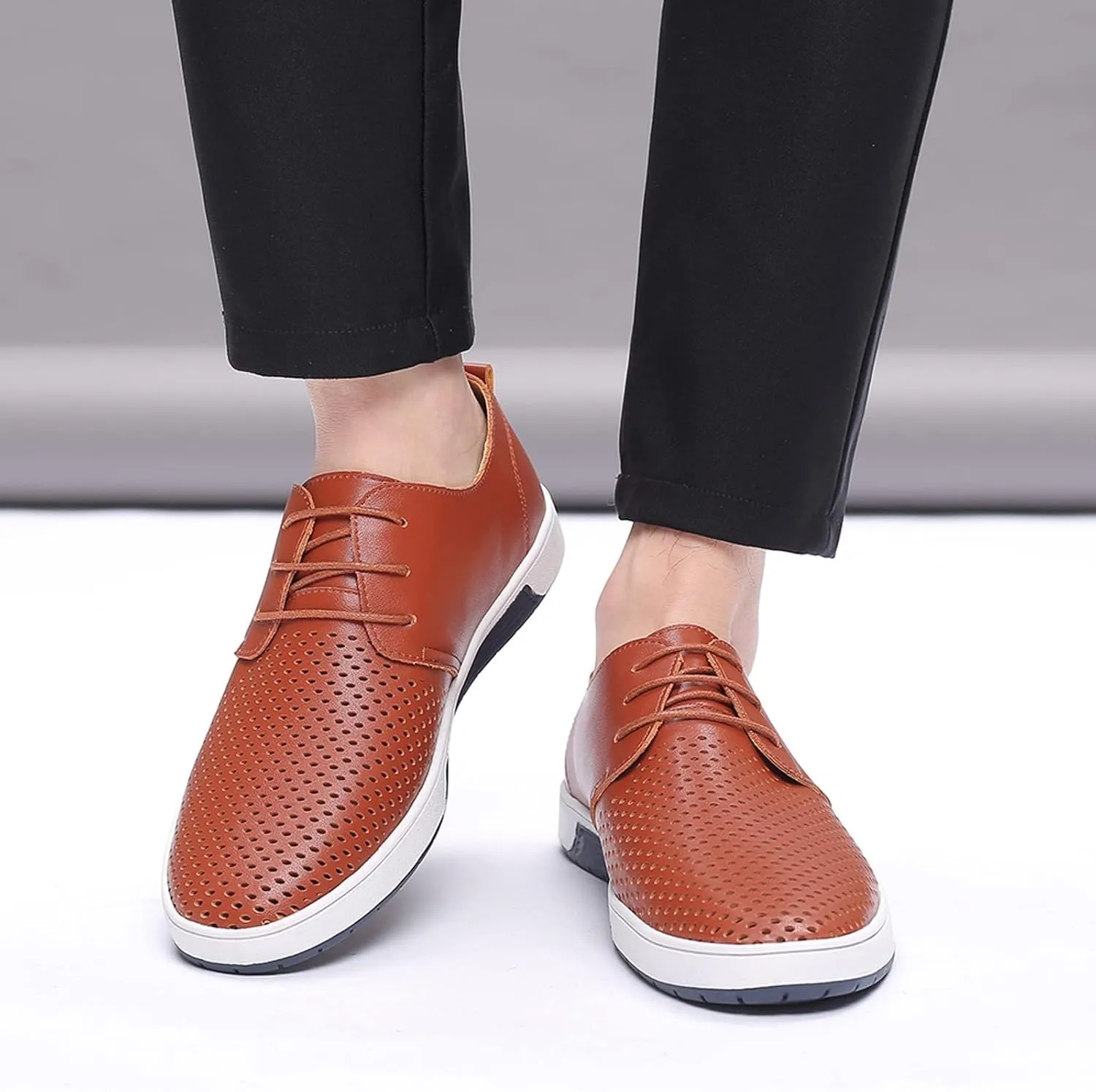 Shoes for Men Leather Formal Summer Style Men's Breathable Comfortable Business Lace Up Leisure Hollow Solid Leather Shoes Men's Mesh Sneakers Oxfords Lace-Up Lightweight