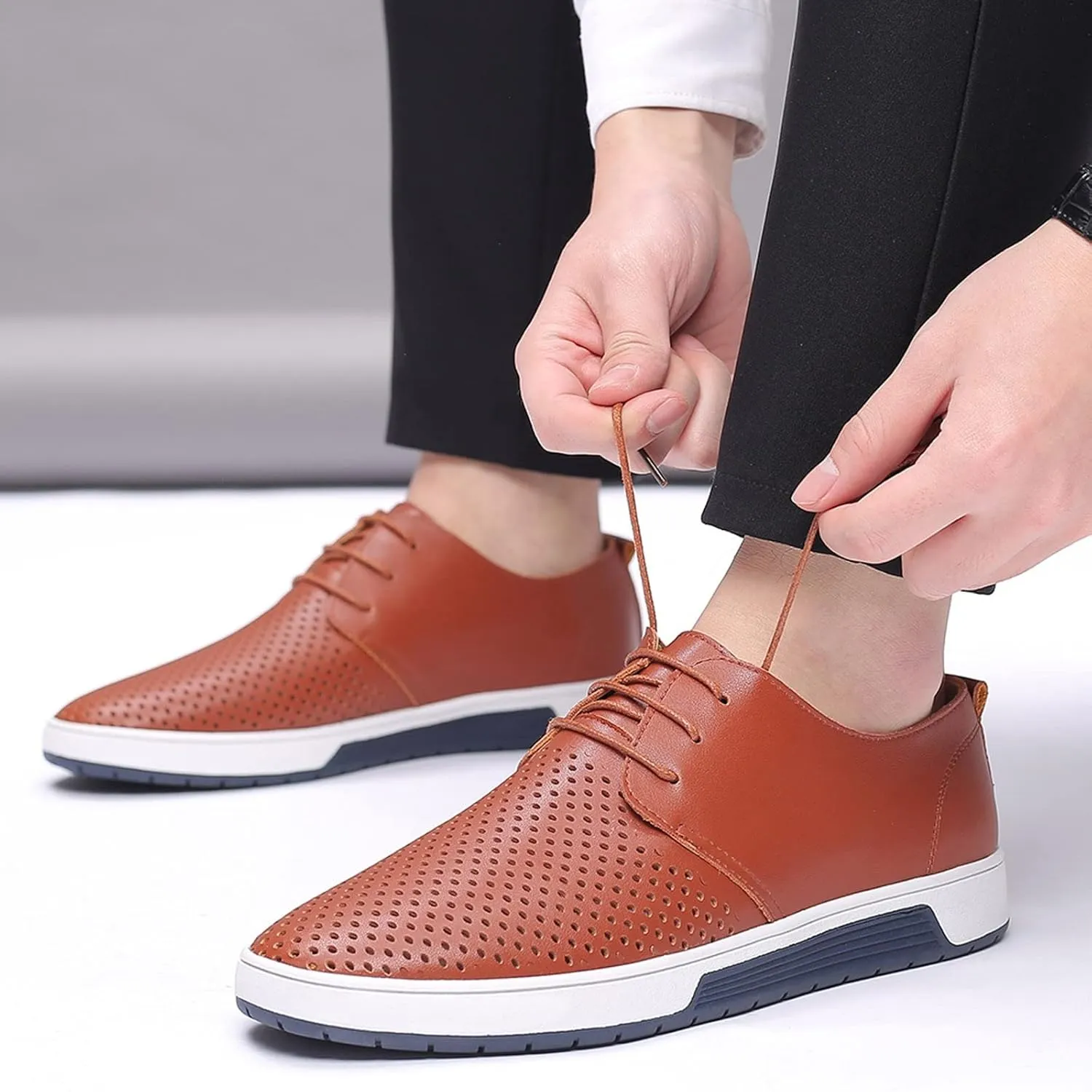 Shoes for Men Leather Formal Summer Style Men's Breathable Comfortable Business Lace Up Leisure Hollow Solid Leather Shoes Men's Mesh Sneakers Oxfords Lace-Up Lightweight