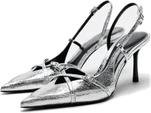 Slingback Heels for Women Closed Pointed Toe Kitten Dress Pumps with Buckle Straps Stiletto Work High Heels Denim Heeled Sandal