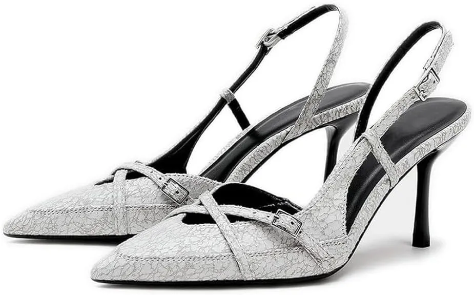 Slingback Heels for Women Closed Pointed Toe Kitten Dress Pumps with Buckle Straps Stiletto Work High Heels Denim Heeled Sandal