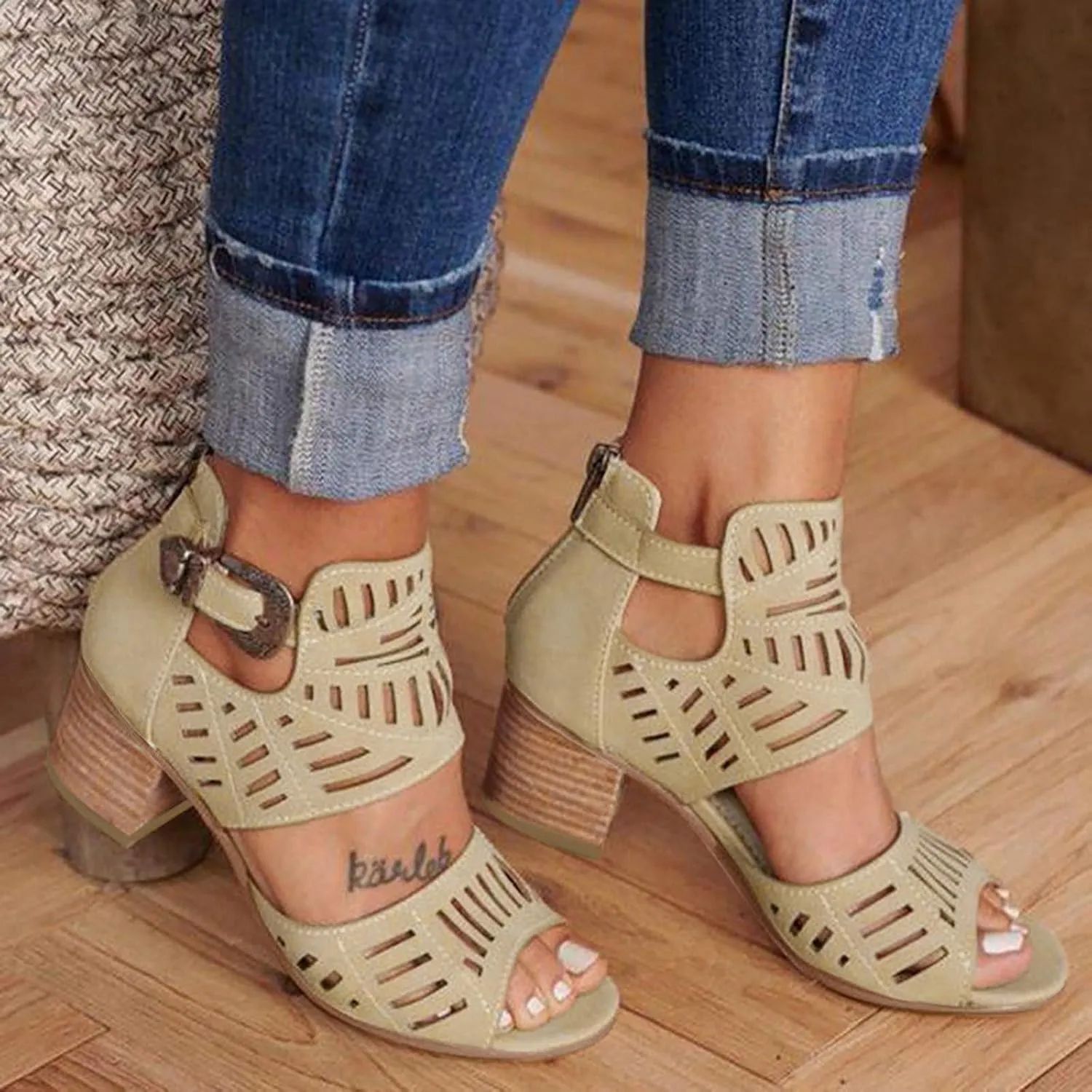 SuanlaTDS Casual Heel Ladies Solid Fashion Sandals Women Peep Toe High Shoes Buckle Women's Casual Shoes Flip Flops (Khaki, 9)