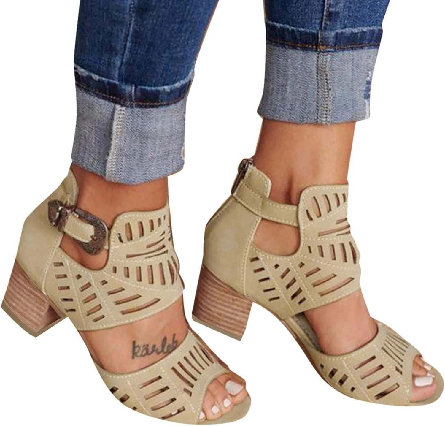 SuanlaTDS Casual Heel Ladies Solid Fashion Sandals Women Peep Toe High Shoes Buckle Women's Casual Shoes Flip Flops (Khaki, 9)