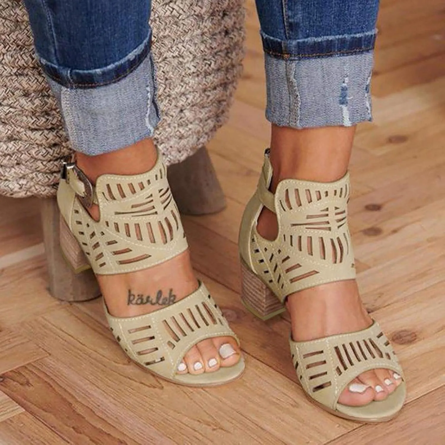 SuanlaTDS Casual Heel Ladies Solid Fashion Sandals Women Peep Toe High Shoes Buckle Women's Casual Shoes Flip Flops (Khaki, 9)