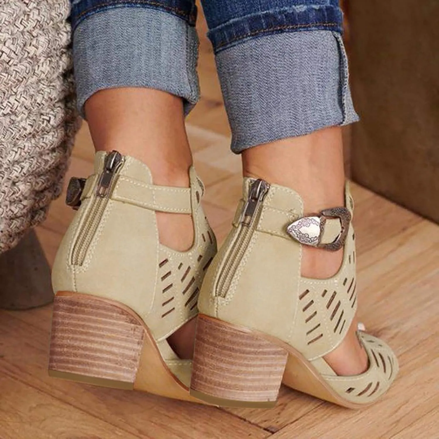 SuanlaTDS Casual Heel Ladies Solid Fashion Sandals Women Peep Toe High Shoes Buckle Women's Casual Shoes Flip Flops (Khaki, 9)