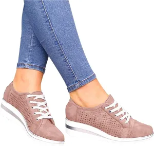 SuanlaTDS Casual Shoes for Women Platform Sneakers Walking Shoes Colorblock Lace up Front Skate Shoes Red Wedges for Women (Pink #3, 8)