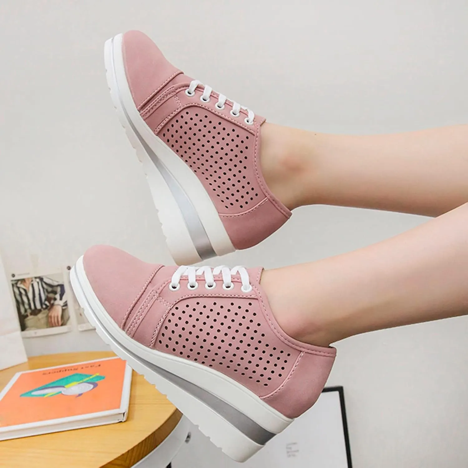 SuanlaTDS Casual Shoes for Women Platform Sneakers Walking Shoes Colorblock Lace up Front Skate Shoes Red Wedges for Women (Pink #3, 8)