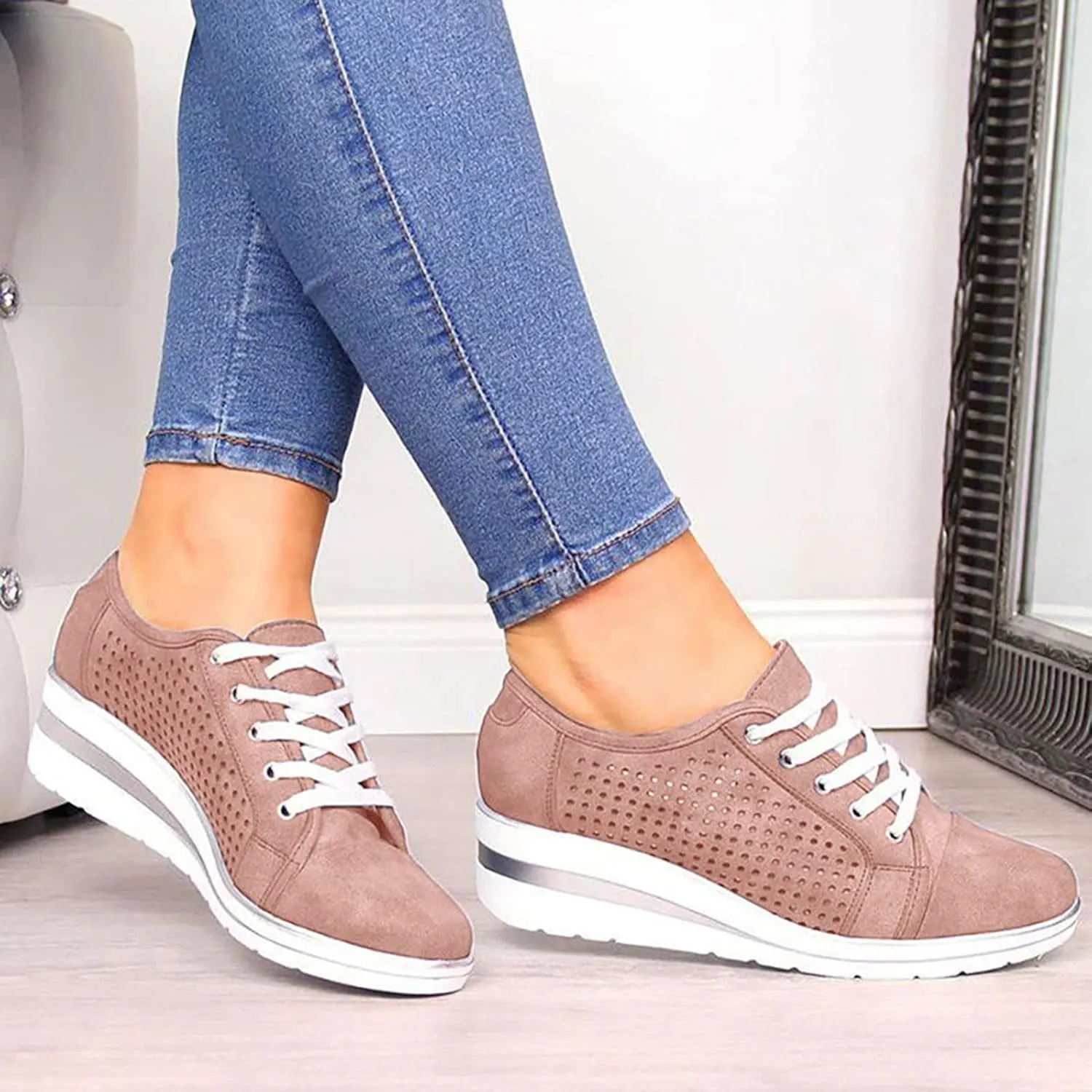 SuanlaTDS Casual Shoes for Women Platform Sneakers Walking Shoes Colorblock Lace up Front Skate Shoes Red Wedges for Women (Pink #3, 8)