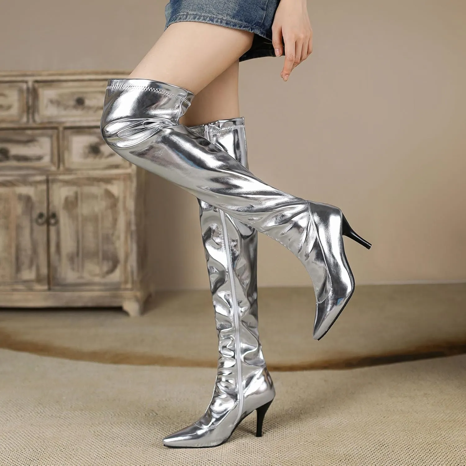 Thigh High Boots for Women Metallic Chunky Heels Over The Knee Boots Block Heeled Concert Disco Long Tall Boots