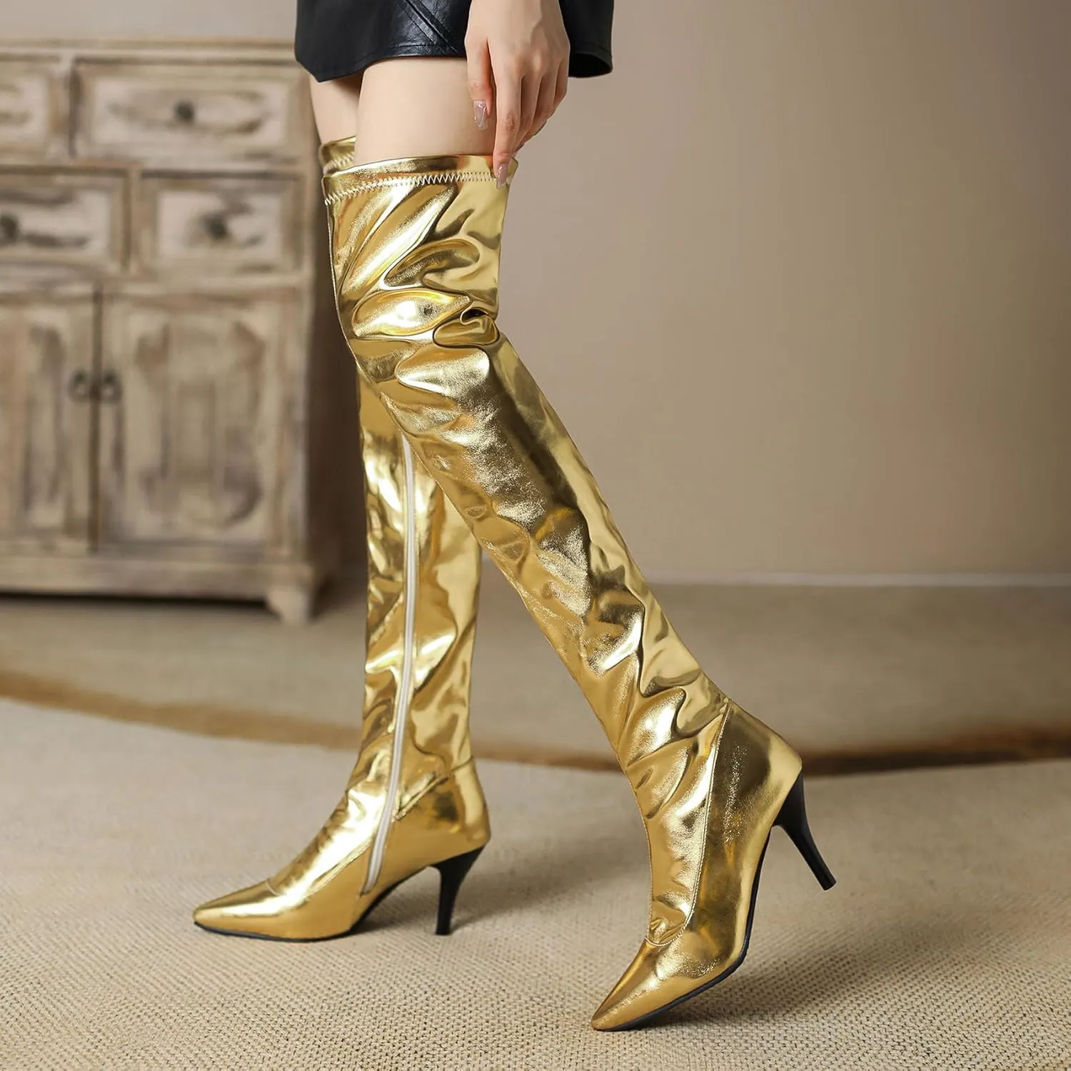 Thigh High Boots for Women Metallic Chunky Heels Over The Knee Boots Block Heeled Concert Disco Long Tall Boots