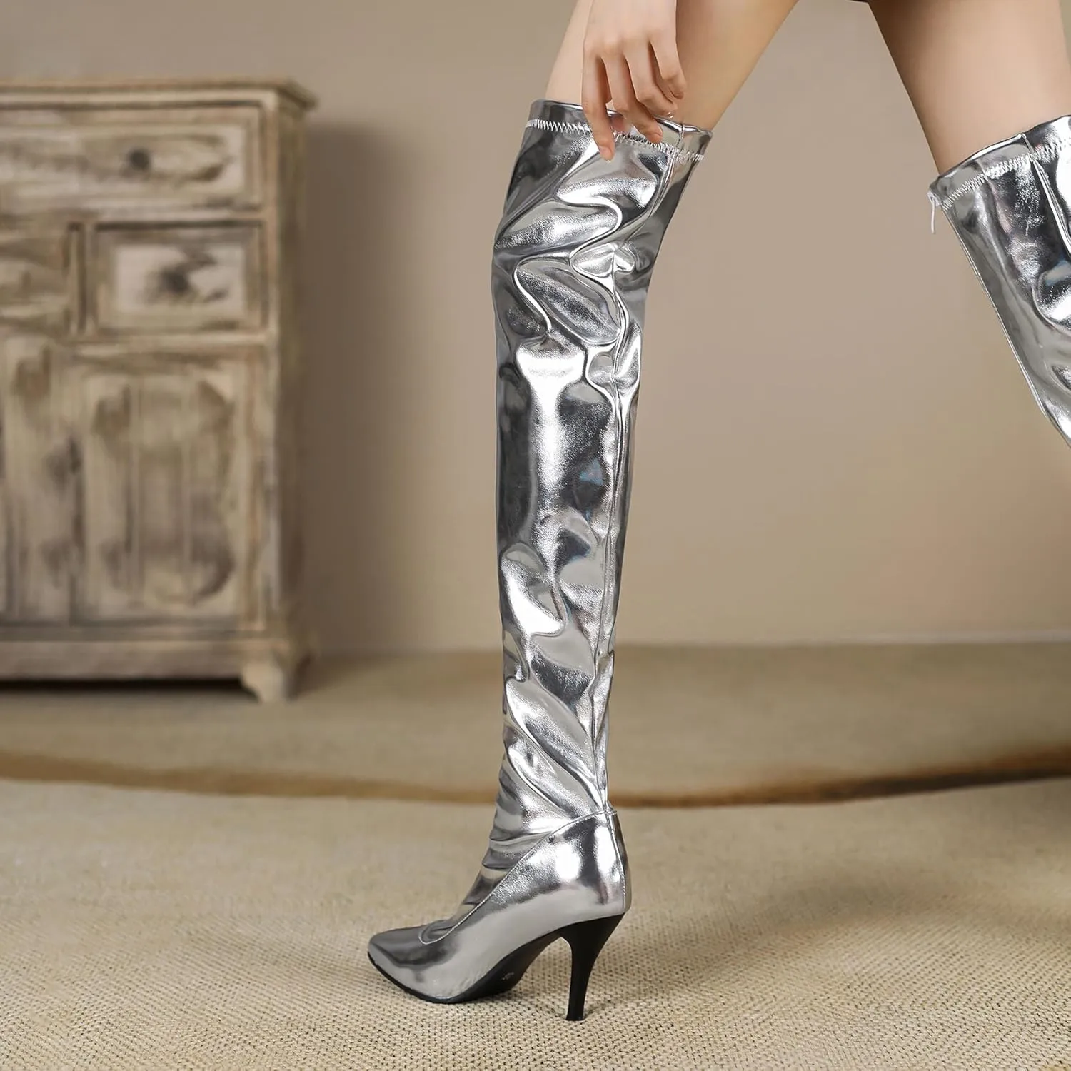 Thigh High Boots for Women Metallic Chunky Heels Over The Knee Boots Block Heeled Concert Disco Long Tall Boots