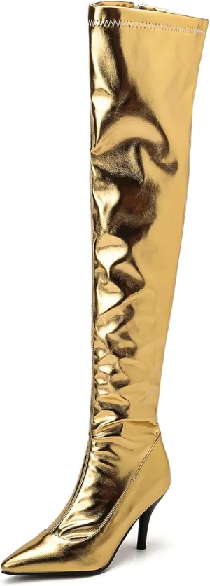 Thigh High Boots for Women Metallic Chunky Heels Over The Knee Boots Block Heeled Concert Disco Long Tall Boots