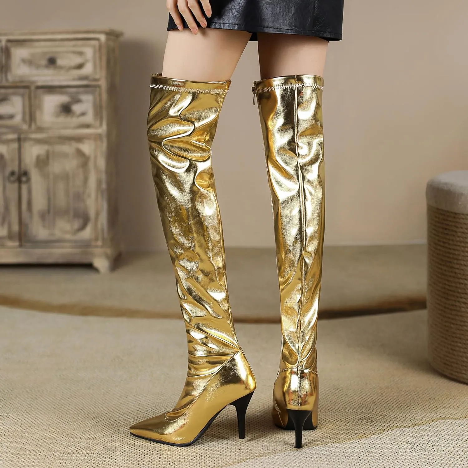 Thigh High Boots for Women Metallic Chunky Heels Over The Knee Boots Block Heeled Concert Disco Long Tall Boots