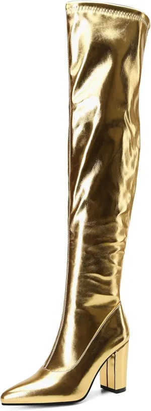 Thigh High Boots for Women Metallic Chunky Heels Over The Knee Boots Block Heeled Concert Disco Long Tall Boots