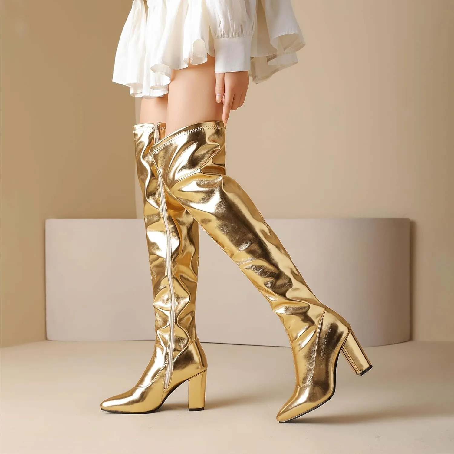 Thigh High Boots for Women Metallic Chunky Heels Over The Knee Boots Block Heeled Concert Disco Long Tall Boots