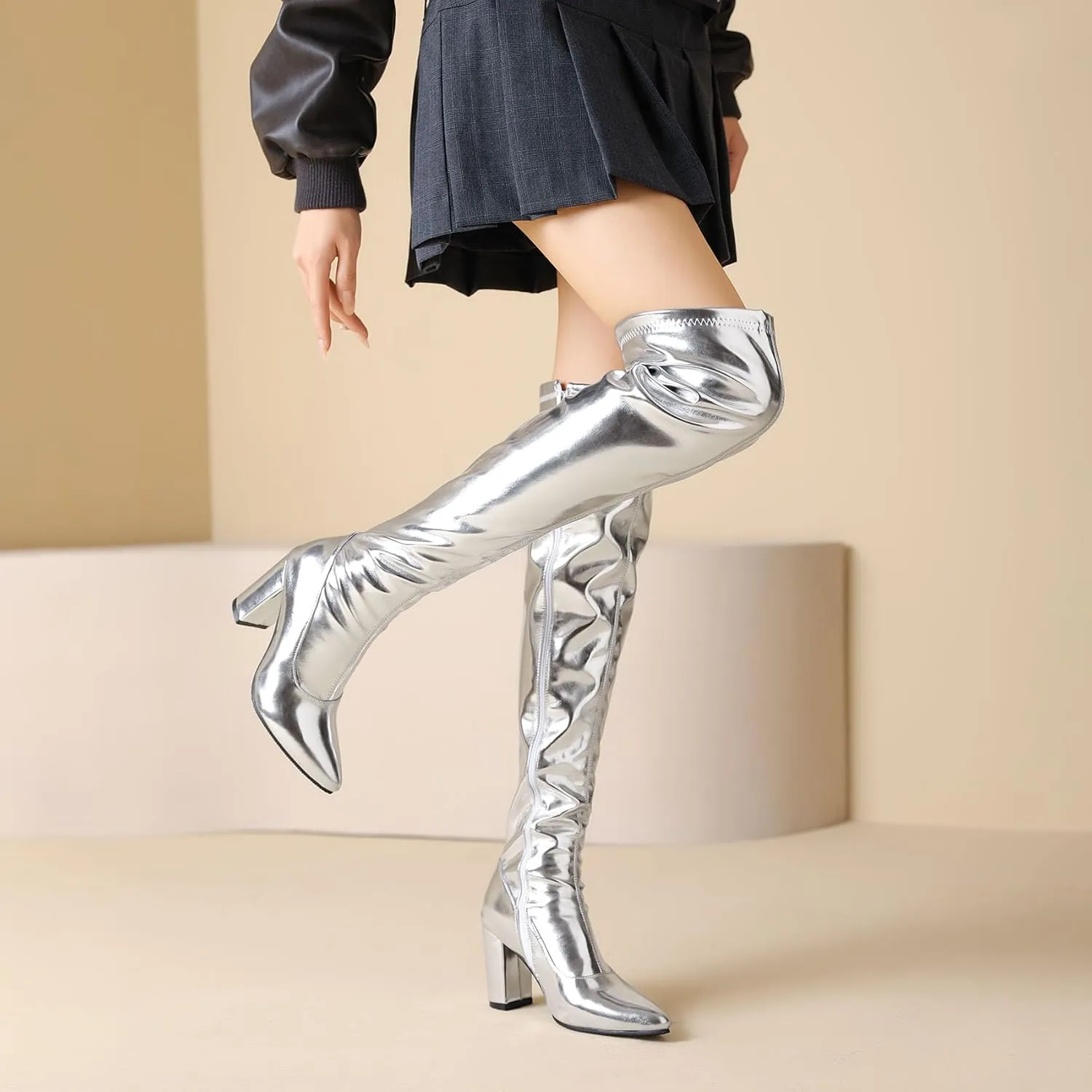 Thigh High Boots for Women Metallic Chunky Heels Over The Knee Boots Block Heeled Concert Disco Long Tall Boots