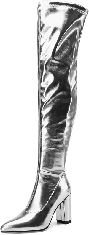 Thigh High Boots for Women Metallic Chunky Heels Over The Knee Boots Block Heeled Concert Disco Long Tall Boots