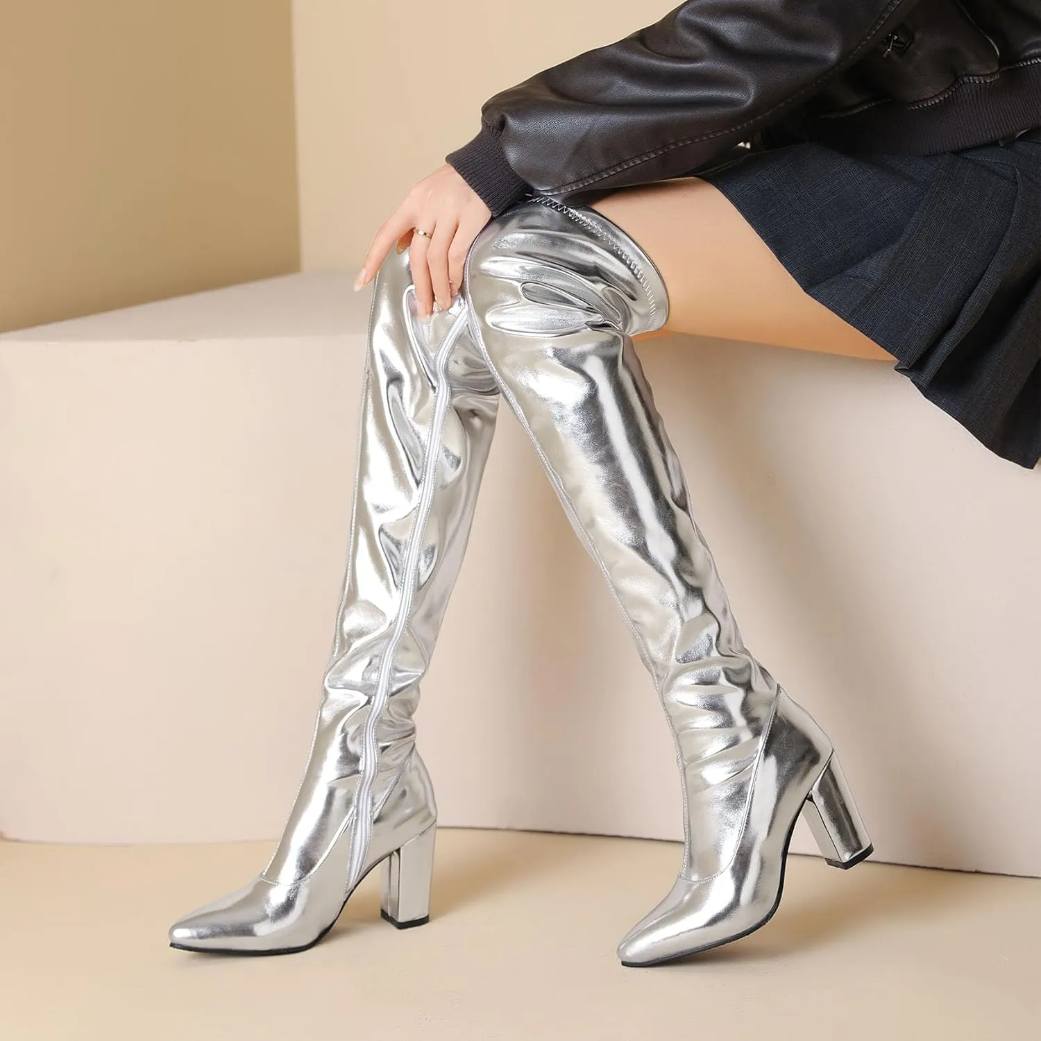 Thigh High Boots for Women Metallic Chunky Heels Over The Knee Boots Block Heeled Concert Disco Long Tall Boots