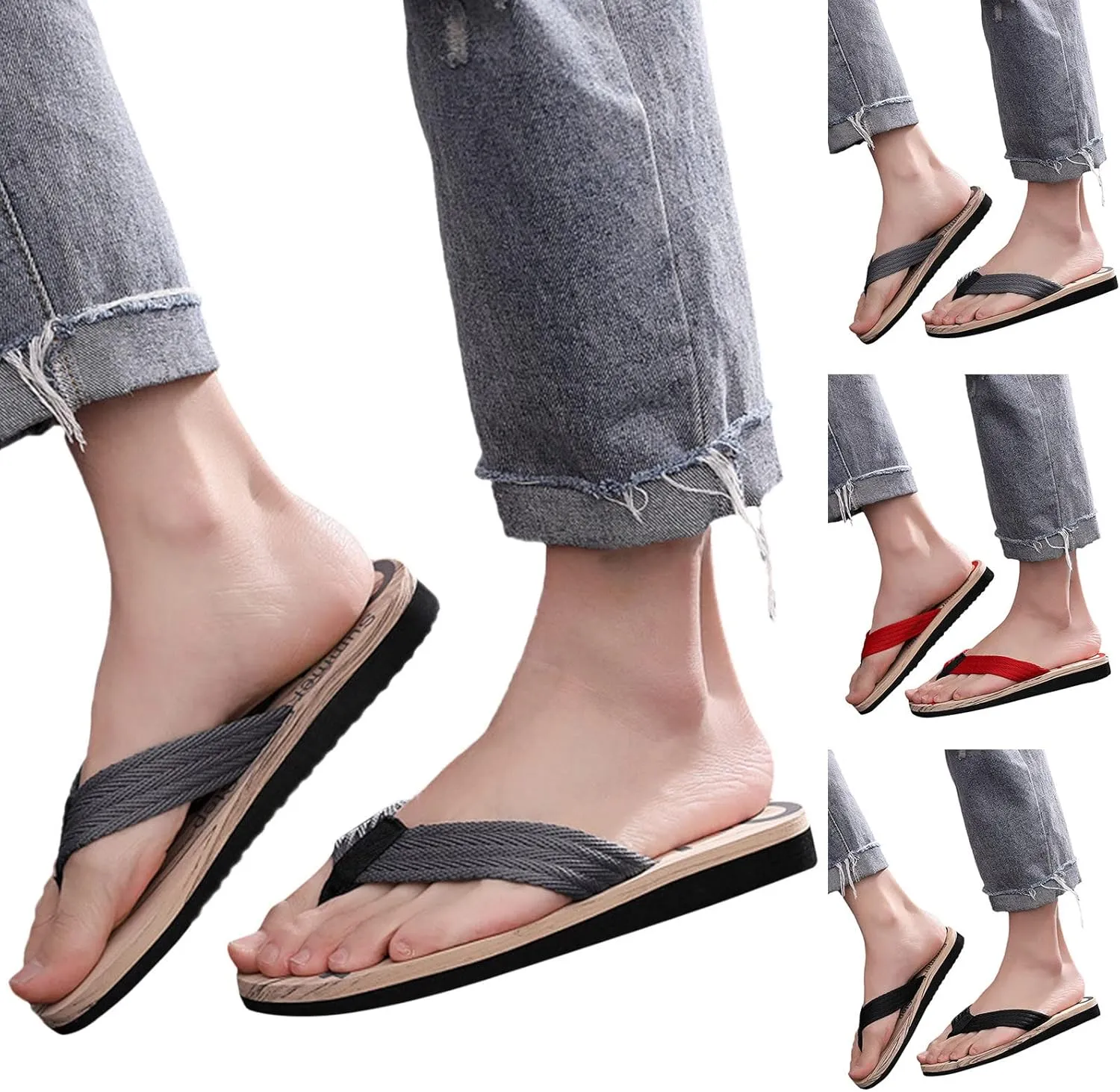 Thong Mens Slides Fashion Spring and Summer Men Flip Flops Flat Bottom Lightweight Non Slip Wood Grain Casual Beach