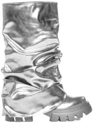 VERISSON Women's under the Knee Boots Square Toe Metallic Rouch Boots Block High Heels Pull up Booties