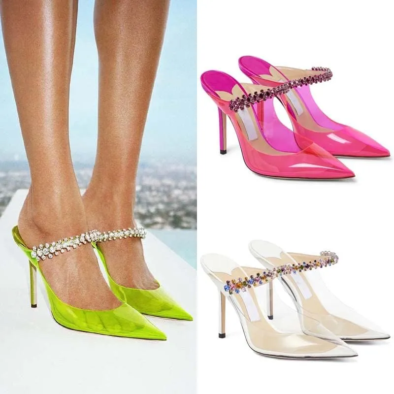 Vertundy Womens Stiletto Heeled Mules Rhinestone Strap Pointed Toe Slip On Sandals Clear Backless Crystal Bridal Dress Shoes for Lady Wedding Party