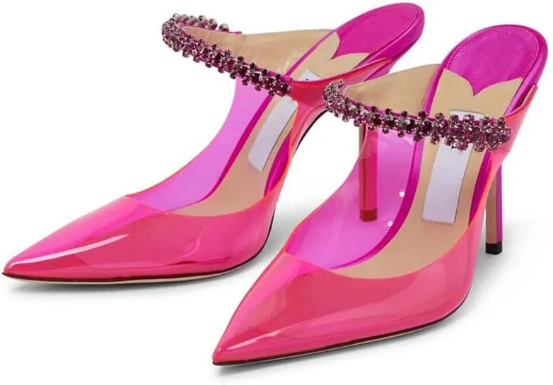Vertundy Womens Stiletto Heeled Mules Rhinestone Strap Pointed Toe Slip On Sandals Clear Backless Crystal Bridal Dress Shoes for Lady Wedding Party