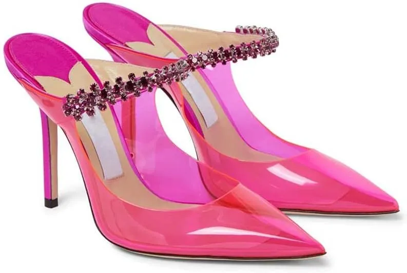 Vertundy Womens Stiletto Heeled Mules Rhinestone Strap Pointed Toe Slip On Sandals Clear Backless Crystal Bridal Dress Shoes for Lady Wedding Party