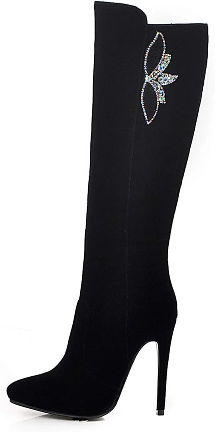 Women Fashion Stiletto High Heels Side Zipper Pointed Toe Suede Knee High Boots