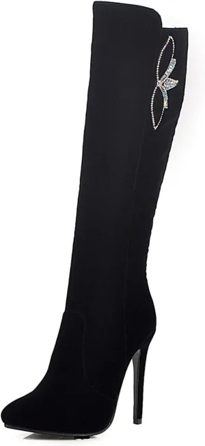 Women Fashion Stiletto High Heels Side Zipper Pointed Toe Suede Knee High Boots