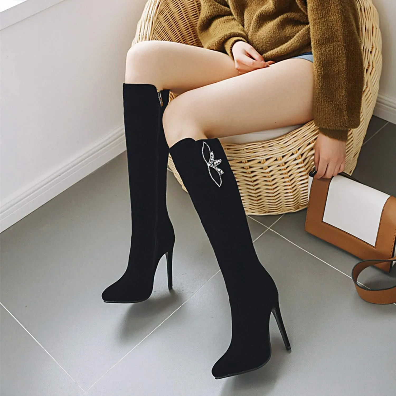 Women Fashion Stiletto High Heels Side Zipper Pointed Toe Suede Knee High Boots