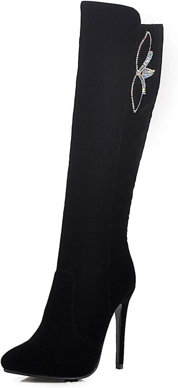Women Fashion Stiletto High Heels Side Zipper Pointed Toe Suede Knee High Boots