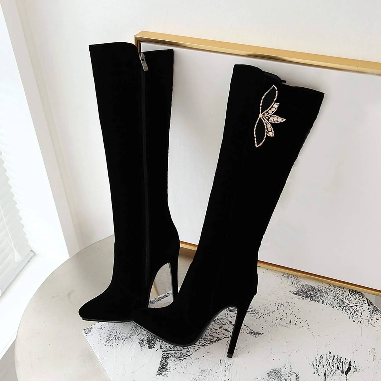 Women Fashion Stiletto High Heels Side Zipper Pointed Toe Suede Knee High Boots