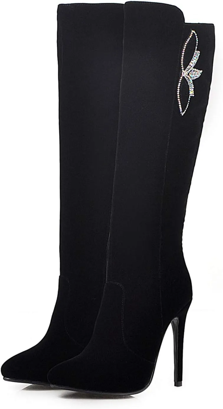 Women Fashion Stiletto High Heels Side Zipper Pointed Toe Suede Knee High Boots