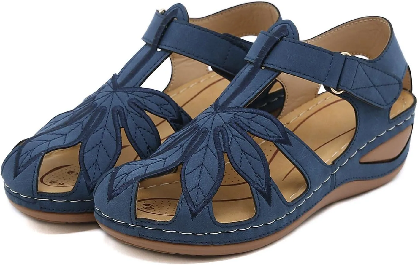 Women Sandals Fashion Summer Simple Hollow Heel Light Comfortable Round Toe Wedges Hook Loop Shoes Battle Versatile Retro Wide Feet Non Slip Roman Dress Classic fluffy bootie sneakers H45-Blue