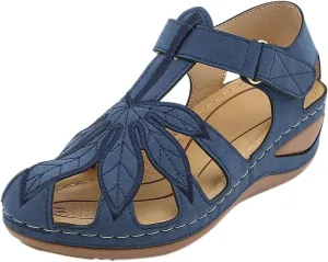 Women Sandals Fashion Summer Simple Hollow Heel Light Comfortable Round Toe Wedges Hook Loop Shoes Battle Versatile Retro Wide Feet Non Slip Roman Dress Classic fluffy bootie sneakers H45-Blue