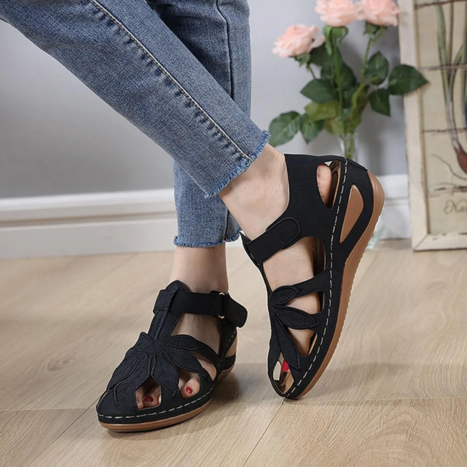 Women Sandals Fashion Summer Simple Hollow Heel Light Comfortable Round Toe Wedges Hook Loop Shoes Non Slip Wide Feet Roman Classic Retro Elegant Versatile Battle Dress with boots running M43-Black