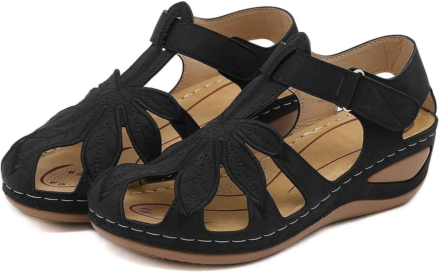 Women Sandals Fashion Summer Simple Hollow Heel Light Comfortable Round Toe Wedges Hook Loop Shoes Non Slip Wide Feet Roman Classic Retro Elegant Versatile Battle Dress with boots running M43-Black