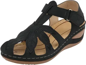 Women Sandals Fashion Summer Simple Hollow Heel Light Comfortable Round Toe Wedges Hook Loop Shoes Non Slip Wide Feet Roman Classic Retro Elegant Versatile Battle Dress with boots running M43-Black