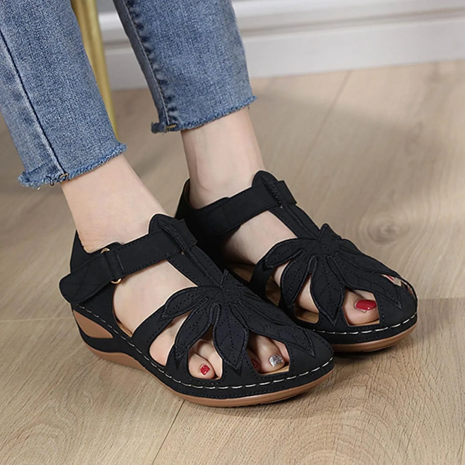 Women Sandals Fashion Summer Simple Hollow Heel Light Comfortable Round Toe Wedges Hook Loop Shoes Non Slip Wide Feet Roman Classic Retro Elegant Versatile Battle Dress with boots running M43-Black