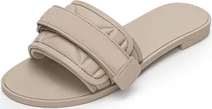 Women's Flat Sandals Adjustable Strap Summer Comfort Leather Slip on Slide Sandals
