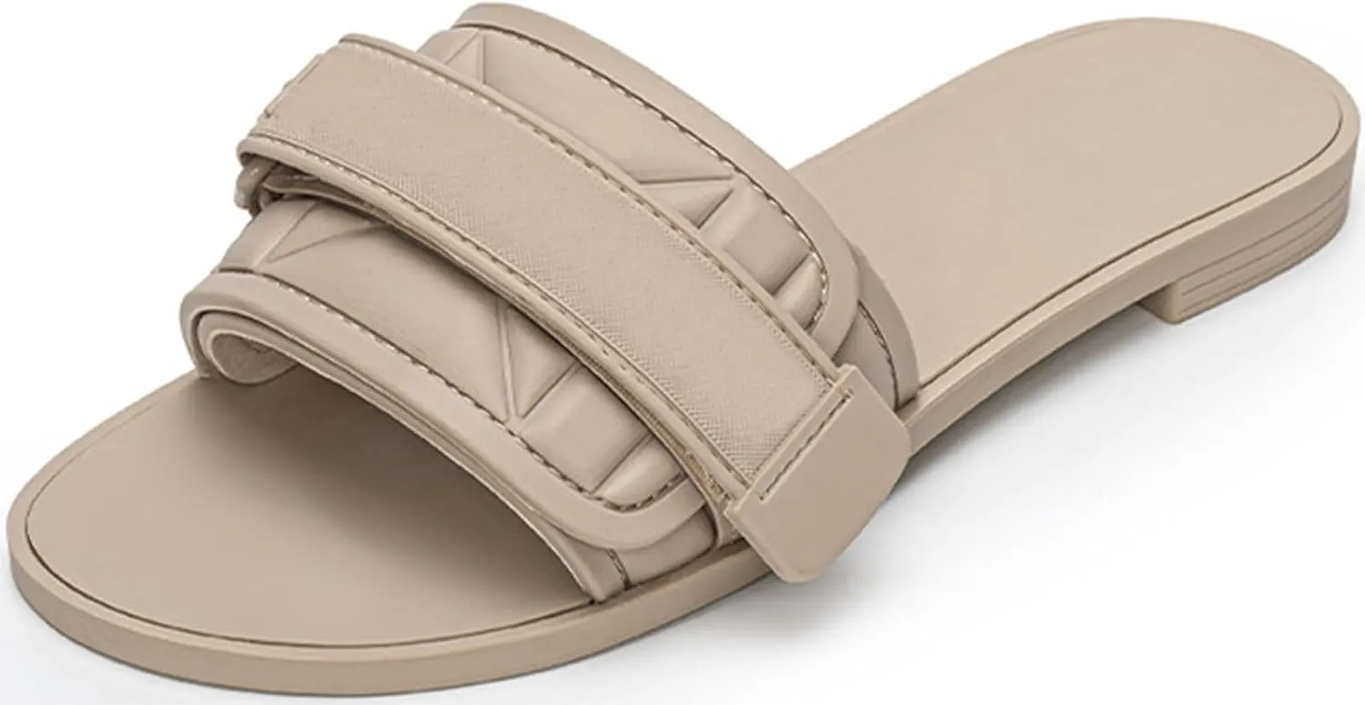 Women's Flat Sandals Adjustable Strap Summer Comfort Leather Slip on Slide Sandals