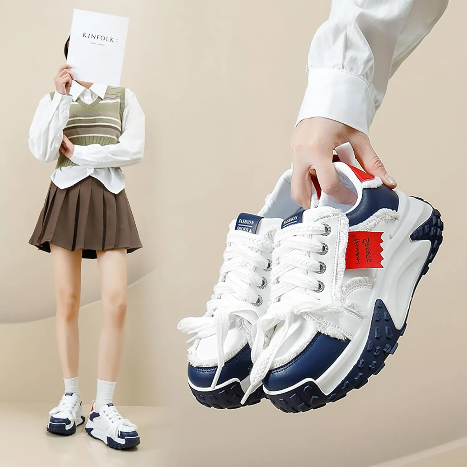Women's Leather Fashion Casual Sneakers,Lace-Up Round Toe Platform Sneakers,Anti-Slip Shock Absorbing Heighten Outdoor Running Sneakers
