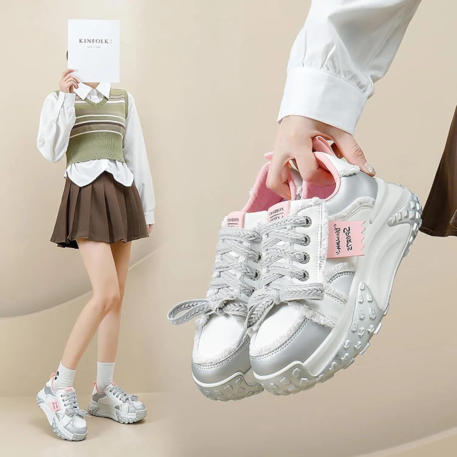 Women's Leather Fashion Casual Sneakers,Lace-Up Round Toe Platform Sneakers,Anti-Slip Shock Absorbing Heighten Outdoor Running Sneakers