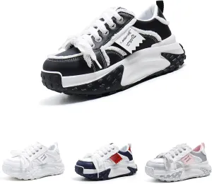 Women's Leather Fashion Casual Sneakers,Lace-Up Round Toe Platform Sneakers,Anti-Slip Shock Absorbing Heighten Outdoor Running Sneakers