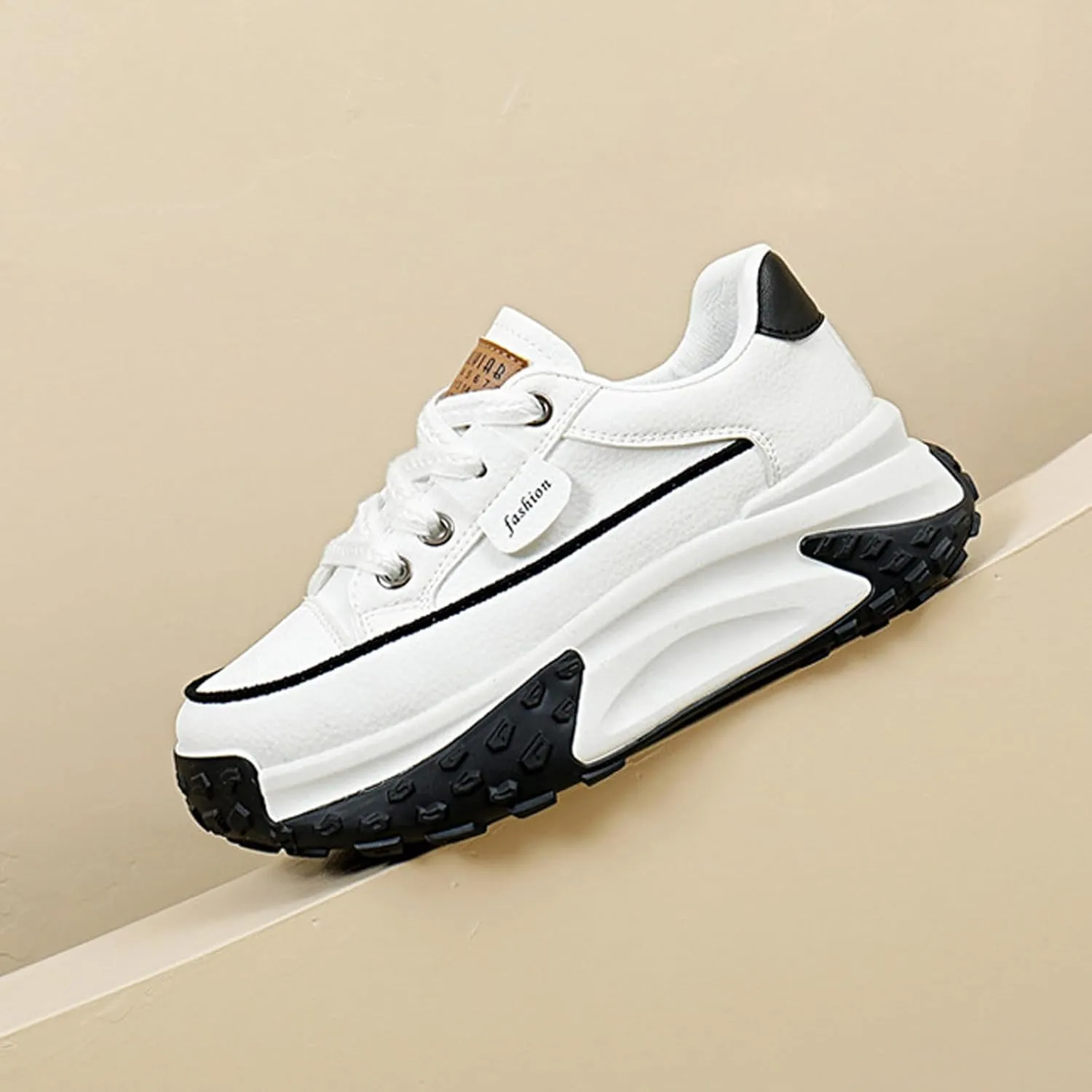 Women's Leather Soft Casual Sneakers,Lace-Up Platform Sneakers,Anti-Slip Shock Absorbing Heighten Fashion Running Sneakers
